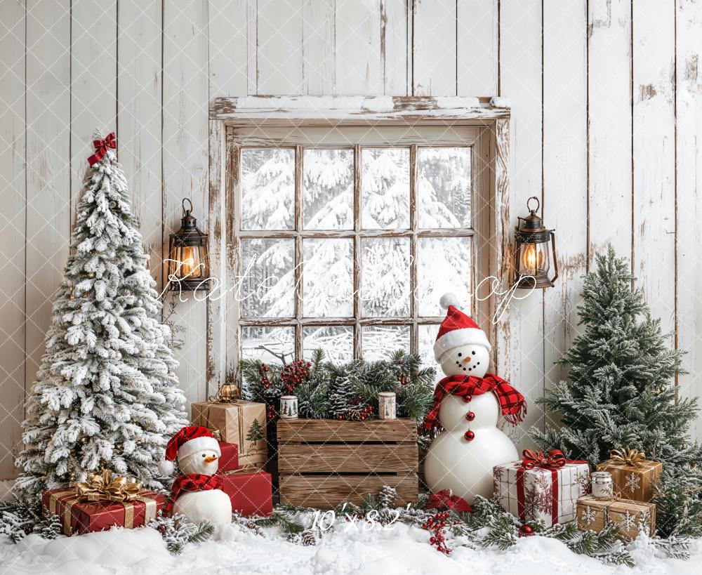 Kate Christmas Tree Snowman Window Wood Backdrop Designed by Emetselch - Image 5