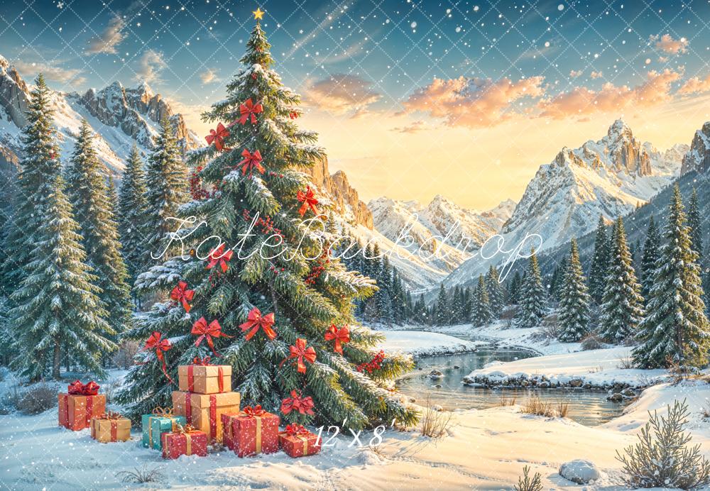 Kate Christmas Tree Snowy Mountains Fleece Backdrop Designed by Emetselch - Image 2