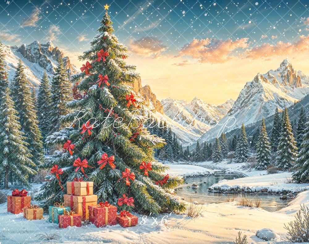 Kate Christmas Tree Snowy Mountains Fleece Backdrop Designed by Emetselch - Image 3
