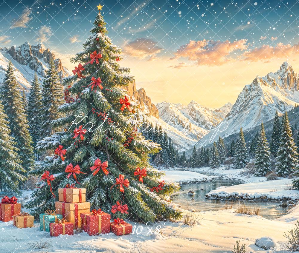 Kate Christmas Tree Snowy Mountains Fleece Backdrop Designed by Emetselch - Image 4