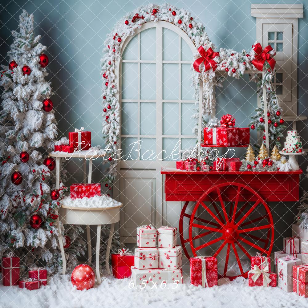 Kate Christmas Tree Snowy Red Gift Cart Backdrop Designed by Emetselch - Image 2