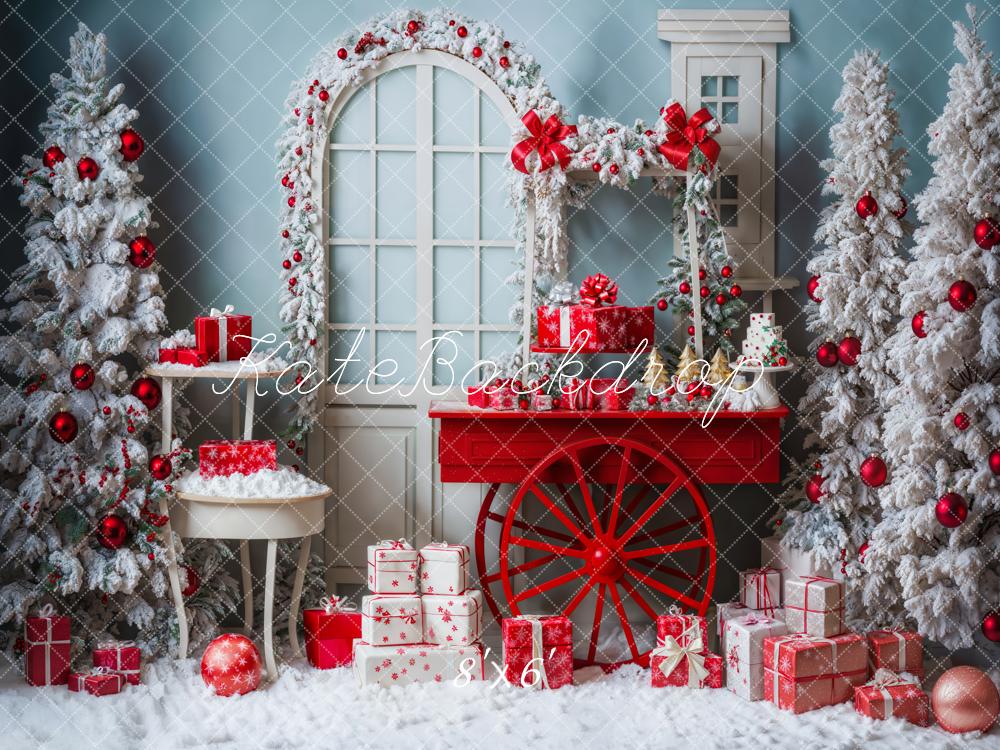 Kate Christmas Tree Snowy Red Gift Cart Backdrop Designed by Emetselch - Image 3