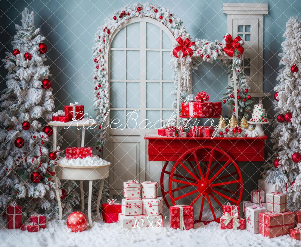 Kate Christmas Tree Snowy Red Gift Cart Backdrop Designed by Emetselch - Image 6