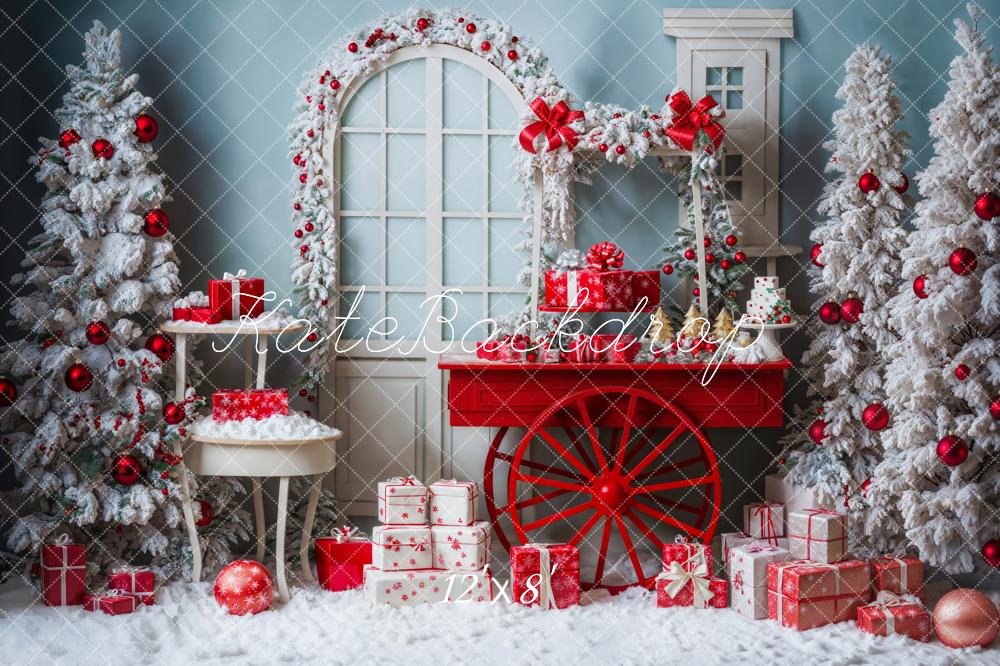 Kate Christmas Tree Snowy Red Gift Cart Backdrop Designed by Emetselch - Image 7