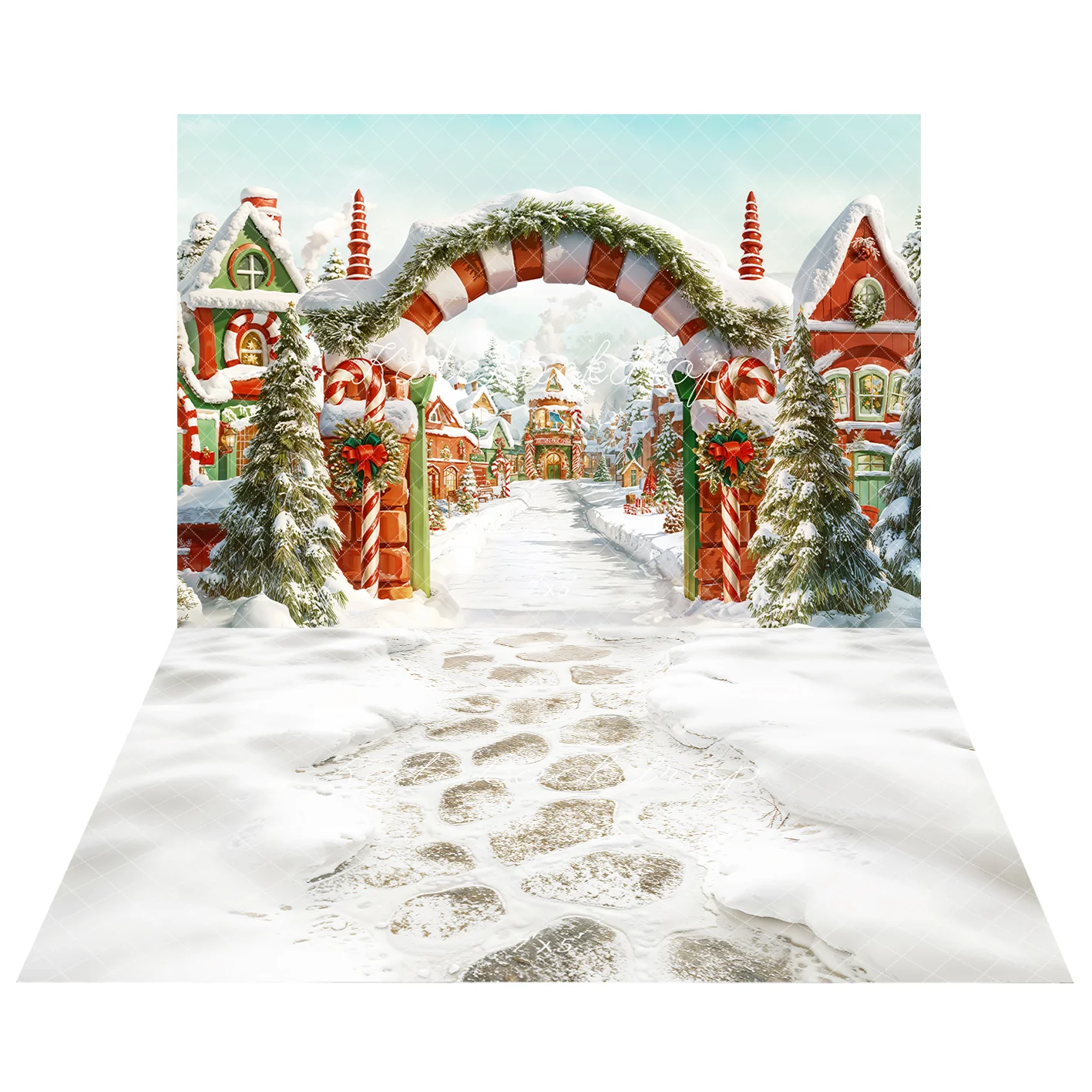Kate Christmas Tree Village Snow Backdrop+Winter Cobblestone Path Floor Backdrop - Image 2