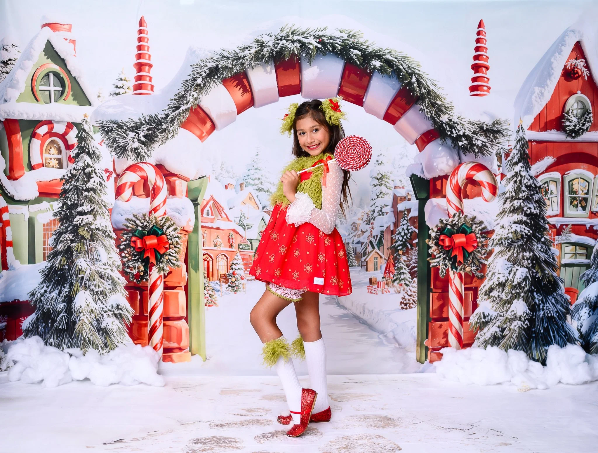 Kate Christmas Tree Village Snow Backdrop+Winter Cobblestone Path Floor Backdrop - Image 3