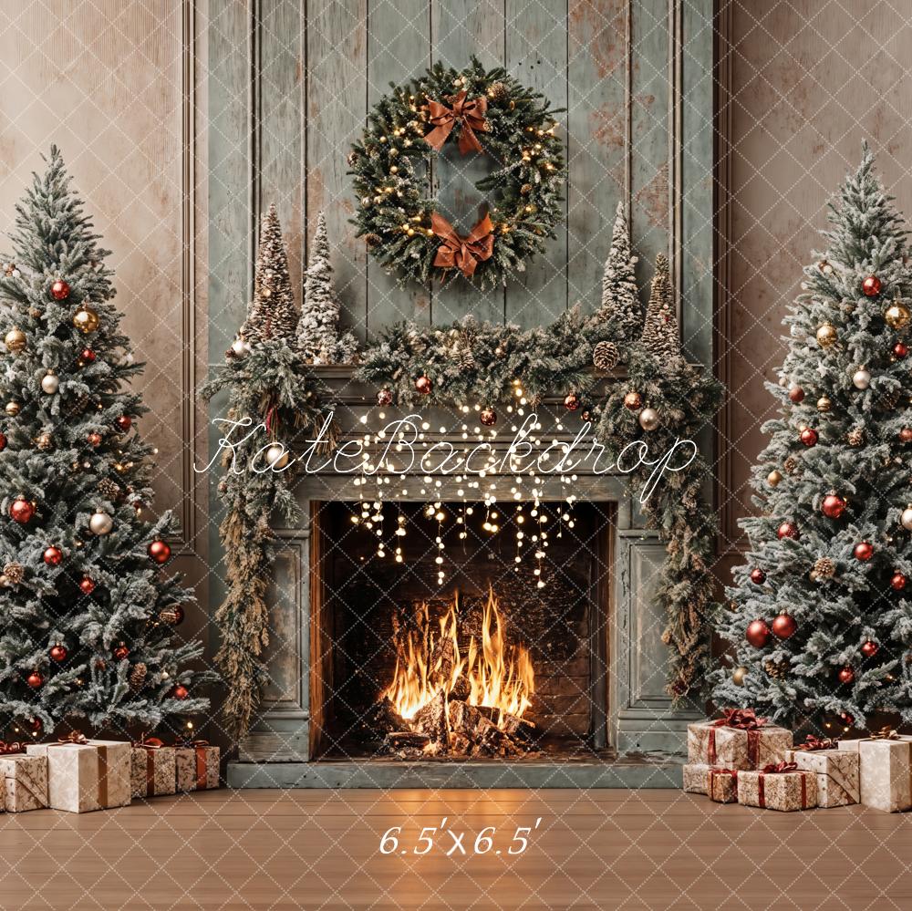 Kate Christmas Tree Vintage Fireplace Khaki Walls Backdrop Designed by Emetselch - Image 2
