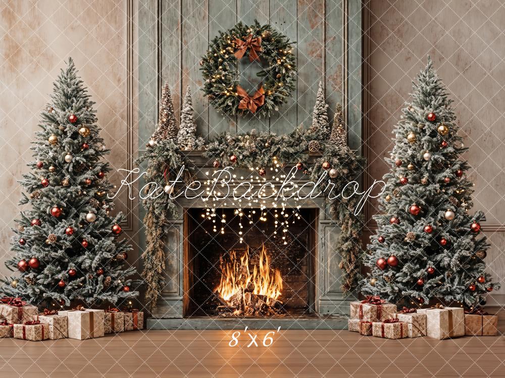 Kate Christmas Tree Vintage Fireplace Khaki Walls Backdrop Designed by Emetselch - Image 3