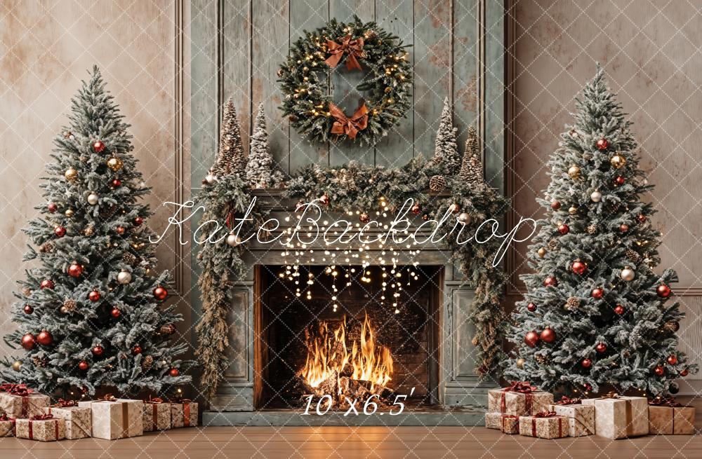 Kate Christmas Tree Vintage Fireplace Khaki Walls Backdrop Designed by Emetselch - Image 4