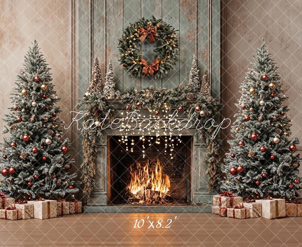 Kate Christmas Tree Vintage Fireplace Khaki Walls Backdrop Designed by Emetselch - Image 5