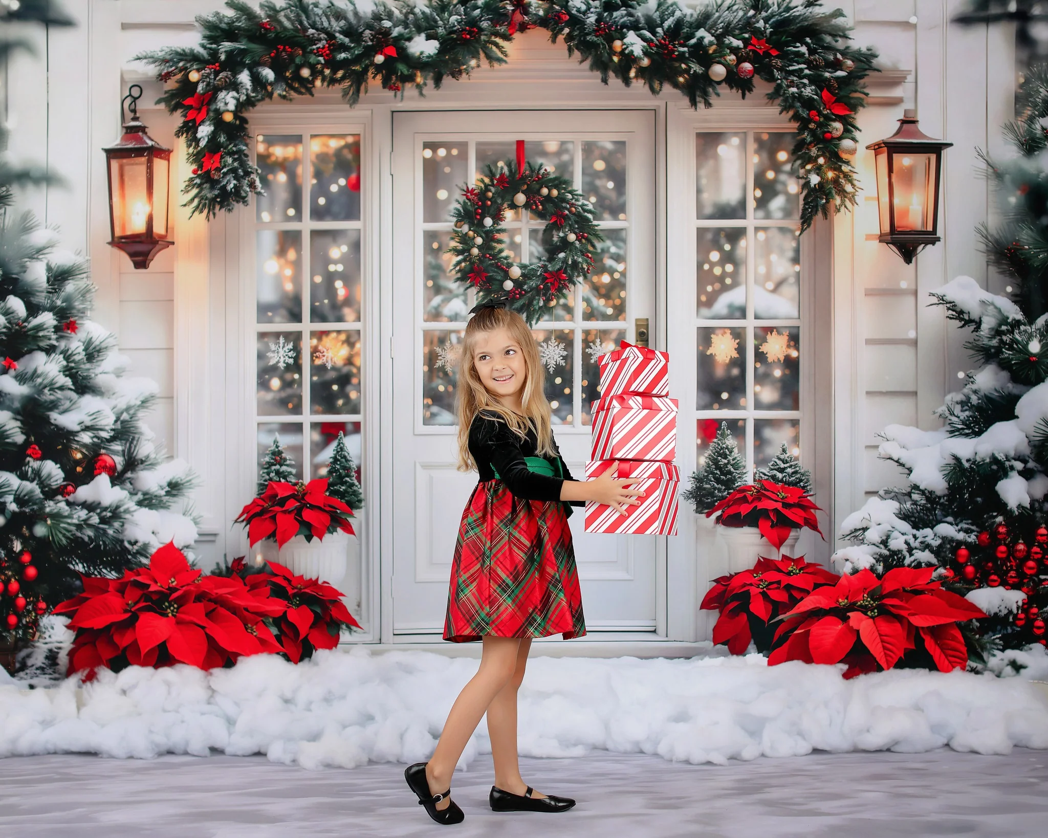 Kate Christmas Tree White Door Wreath Snow Backdrop Designed by Emetselch - Image 3