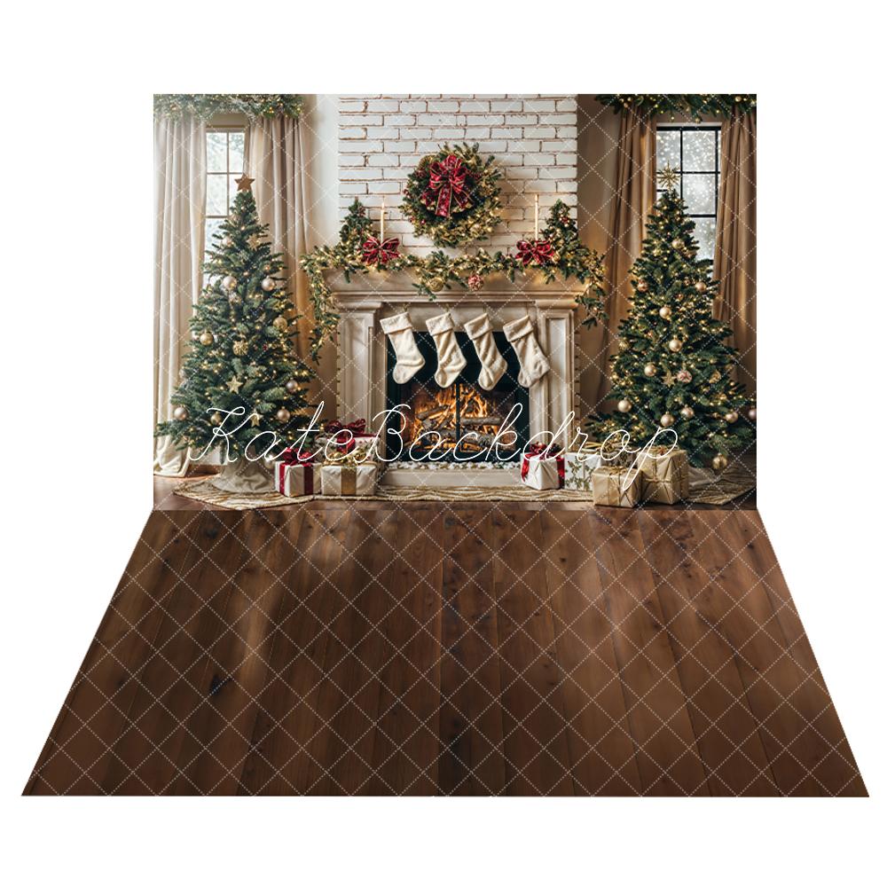 Kate Christmas Tree White Fireplace Backdrop+Dark Brown Wooden Floor Backdrop - Image 2