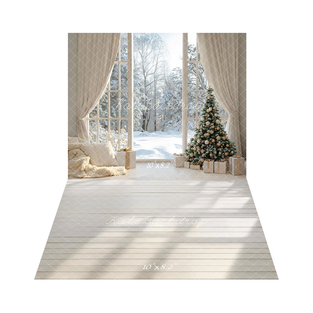 Kate Christmas Tree Winter Window Snow Backdrop+White Wood Floor Backdrop - Image 2