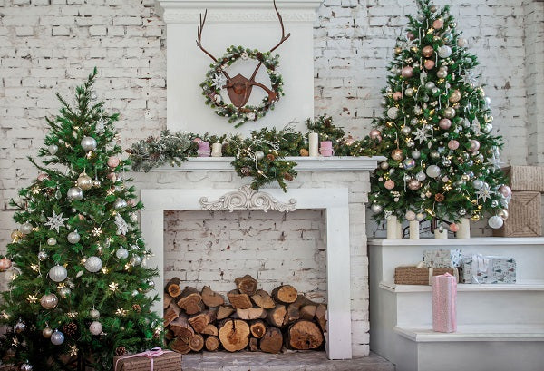 Kate Christmas Tree with Fireplace White Brick Wall Warmful Backdrop for Photography - Image 2