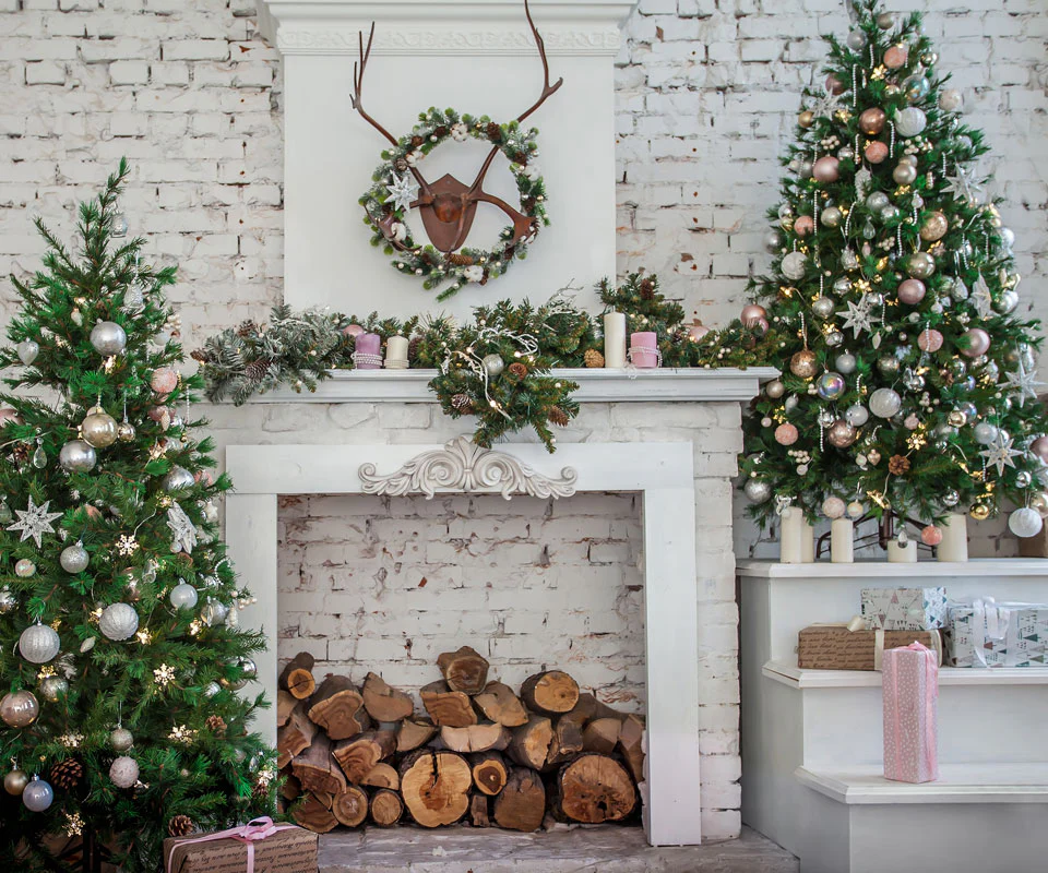 Kate Christmas Tree with Fireplace White Brick Wall Warmful Backdrop for Photography - Image 4