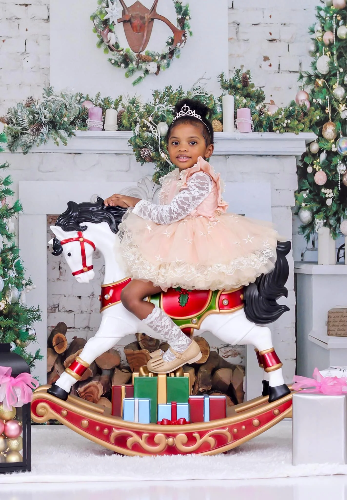 Kate Christmas Tree with Fireplace White Brick Wall Warmful Backdrop for Photography - Image 7