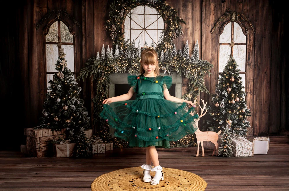 Kate Christmas Tree Fireplace Wreath Deer Backdrop+Wood Brown Floor Backdrop - Image 5