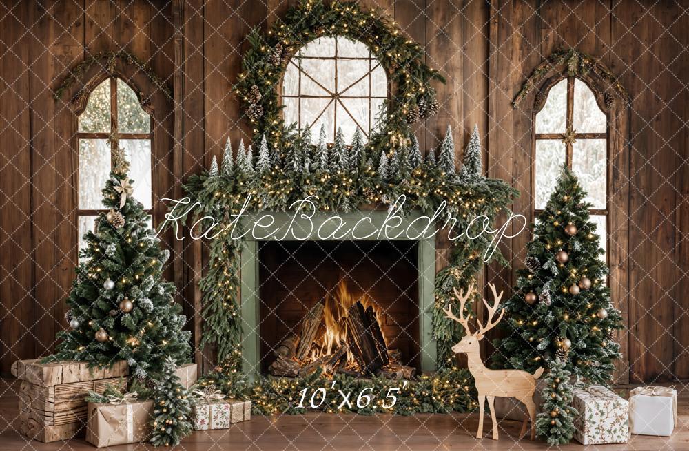 Kate Christmas Tree Wood Fireplace Wreath Deer Backdrop Designed by Emetselch - Image 13