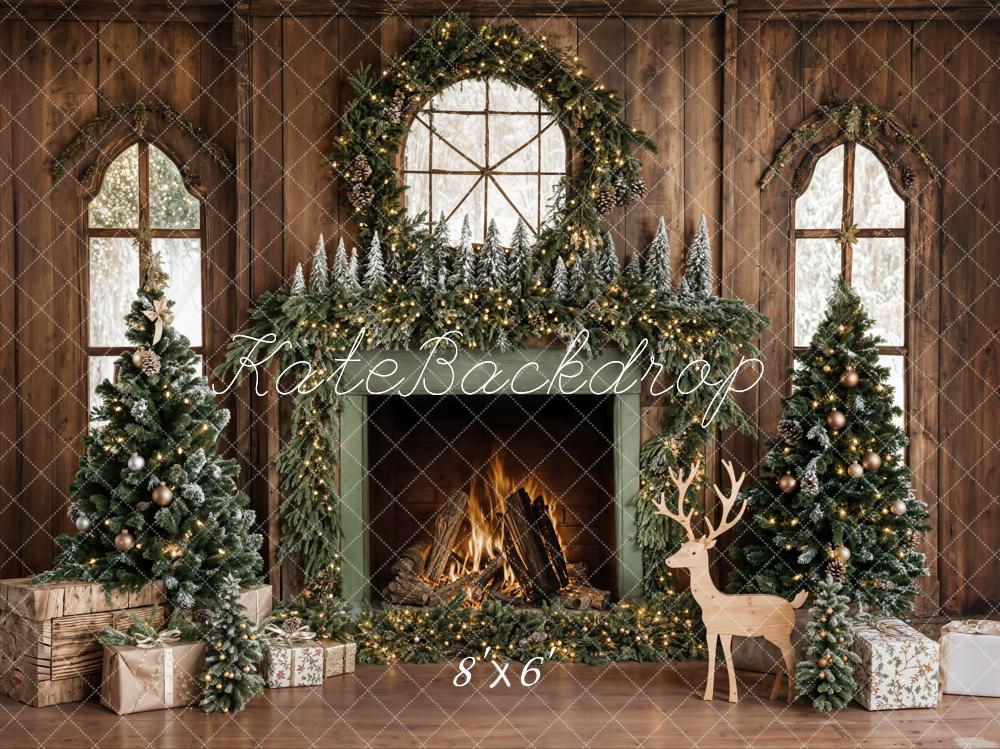 Kate Christmas Tree Wood Fireplace Wreath Deer Backdrop Designed by Emetselch - Image 14