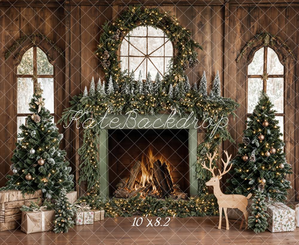 Kate Christmas Tree Wood Fireplace Wreath Deer Backdrop Designed by Emetselch - Image 15