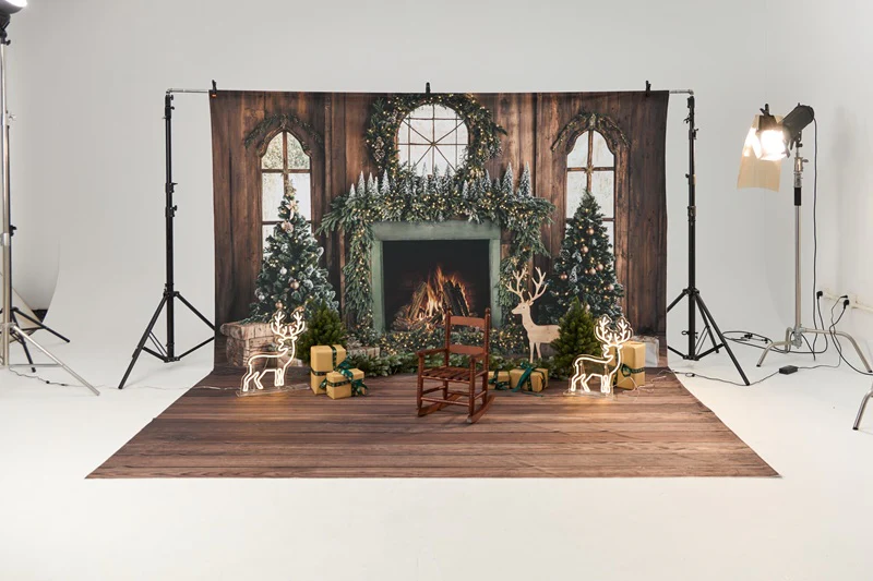 Kate Christmas Tree Wood Fireplace Wreath Deer Backdrop Designed by Emetselch - Image 16