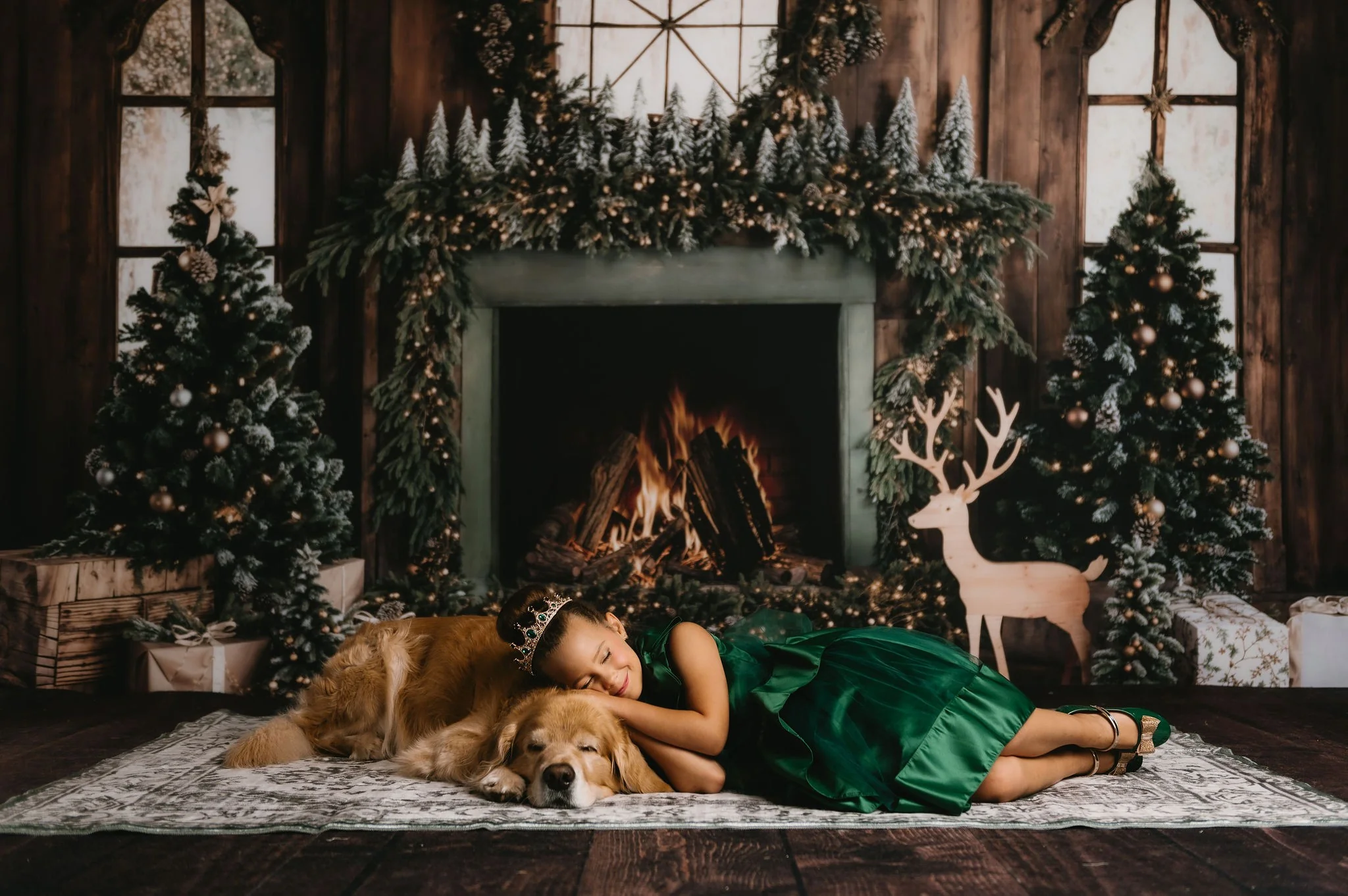 Kate Christmas Tree Fireplace Wreath Deer Backdrop+Wood Brown Floor Backdrop - Image 3