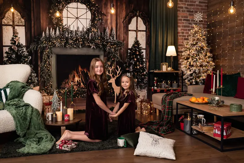Kate Christmas Tree Wood Fireplace Wreath Deer Backdrop Designed by Emetselch - Image 3