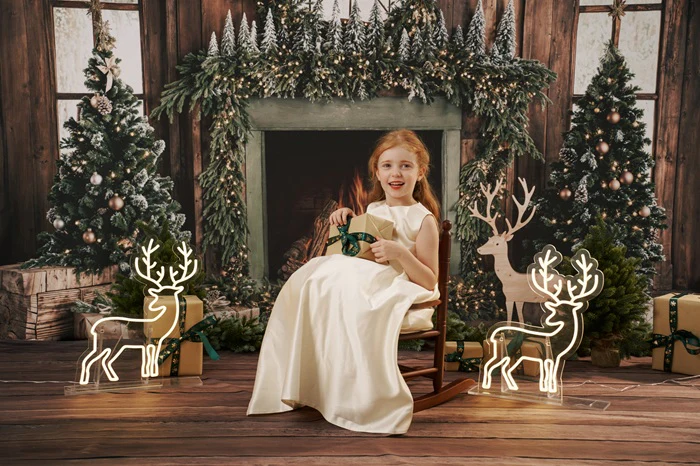 Kate Christmas Tree Wood Fireplace Wreath Deer Backdrop Designed by Emetselch - Image 4