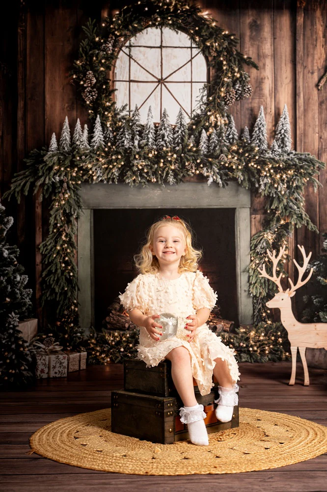 Kate Christmas Tree Fireplace Wreath Deer Backdrop+Wood Brown Floor Backdrop