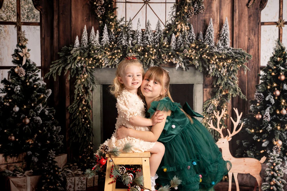 Kate Christmas Tree Fireplace Wreath Deer Backdrop+Wood Brown Floor Backdrop - Image 4