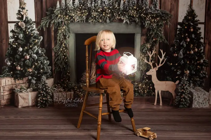 Kate Christmas Tree Wood Fireplace Wreath Deer Backdrop Designed by Emetselch - Image 8