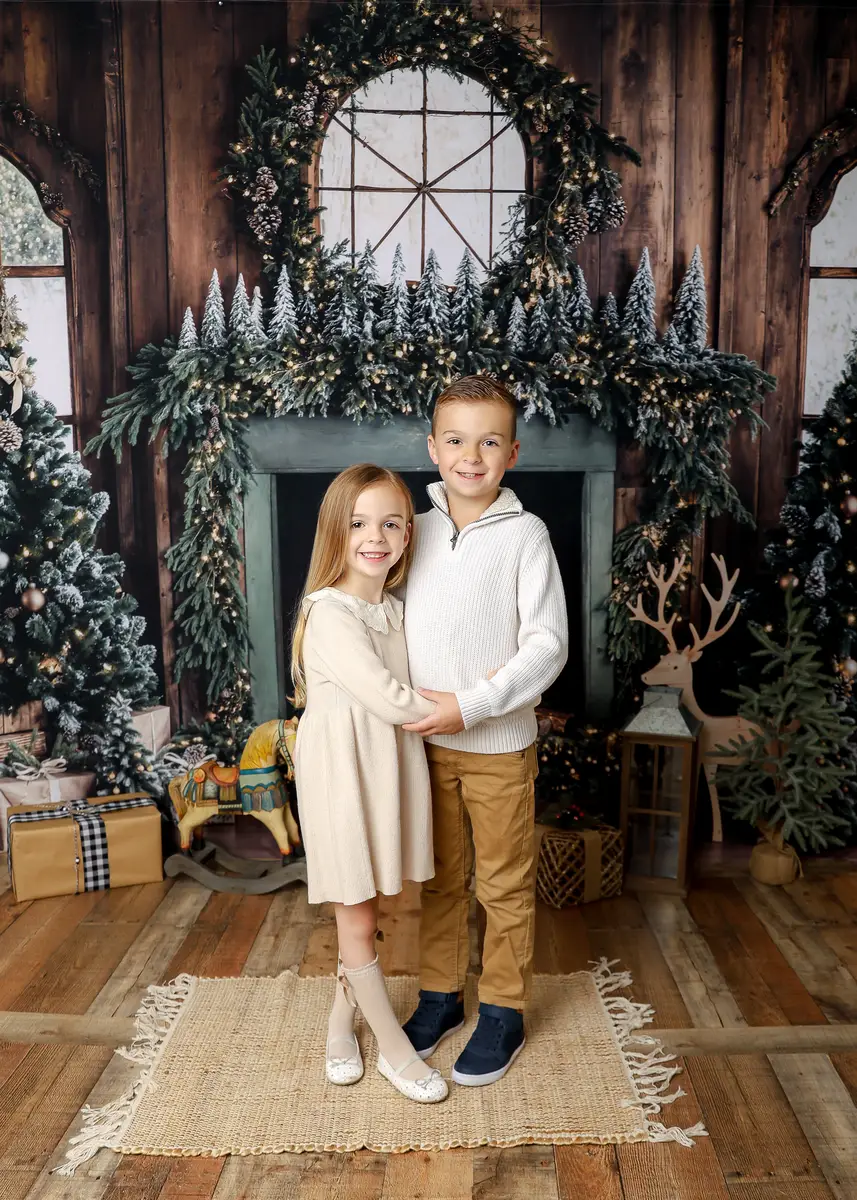 Kate Christmas Tree Fireplace Wreath Deer Backdrop+Wood Brown Floor Backdrop - Image 6