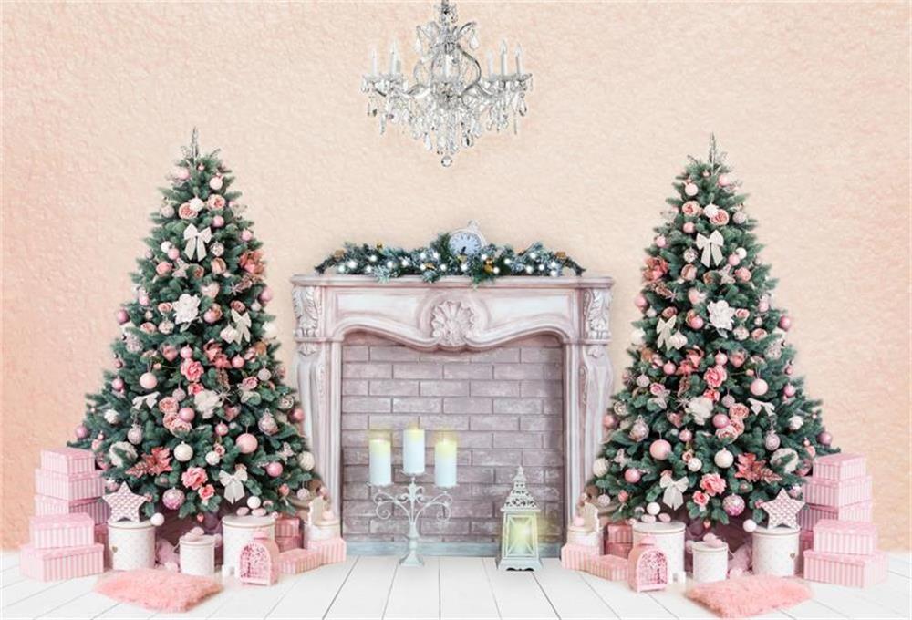Kate Christmas Trees Backdrop Fireplace Pink Wall for Photography - Image 2
