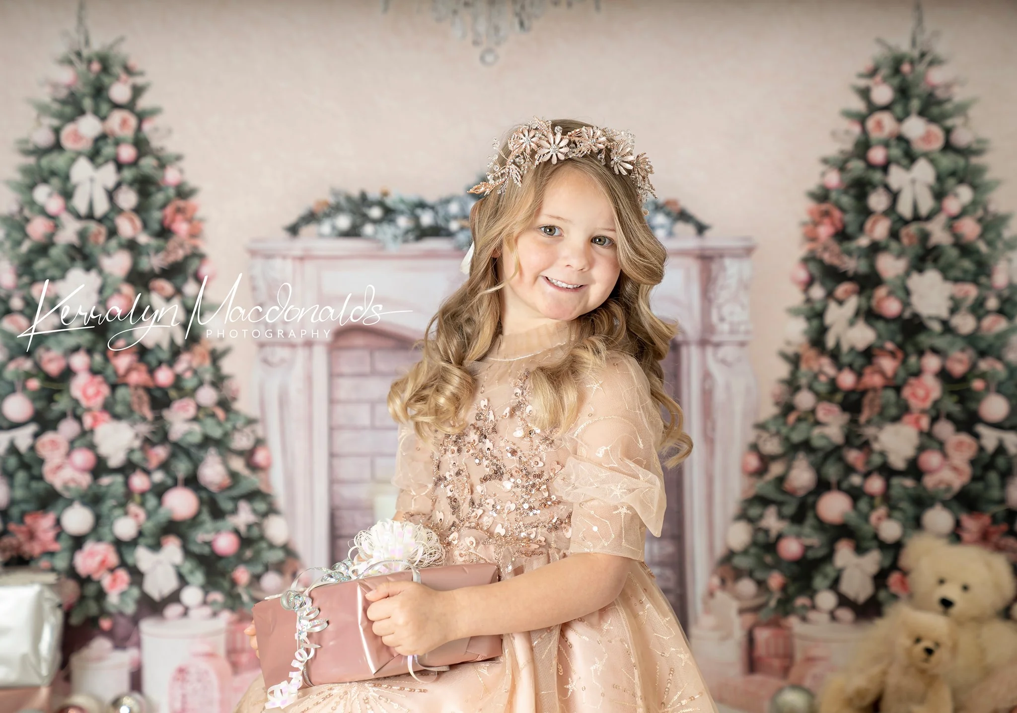 Kate Christmas Trees Backdrop Fireplace Pink Wall for Photography - Image 5
