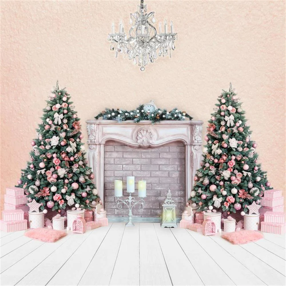 Kate Christmas Trees Backdrop Fireplace Pink Wall for Photography - Image 7
