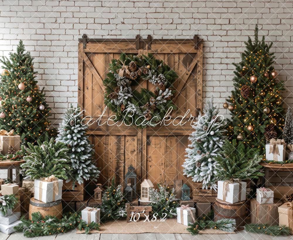 Kate Christmas Trees Brown Wooden Barn Door Backdrop Designed by Emetselch - Image 10