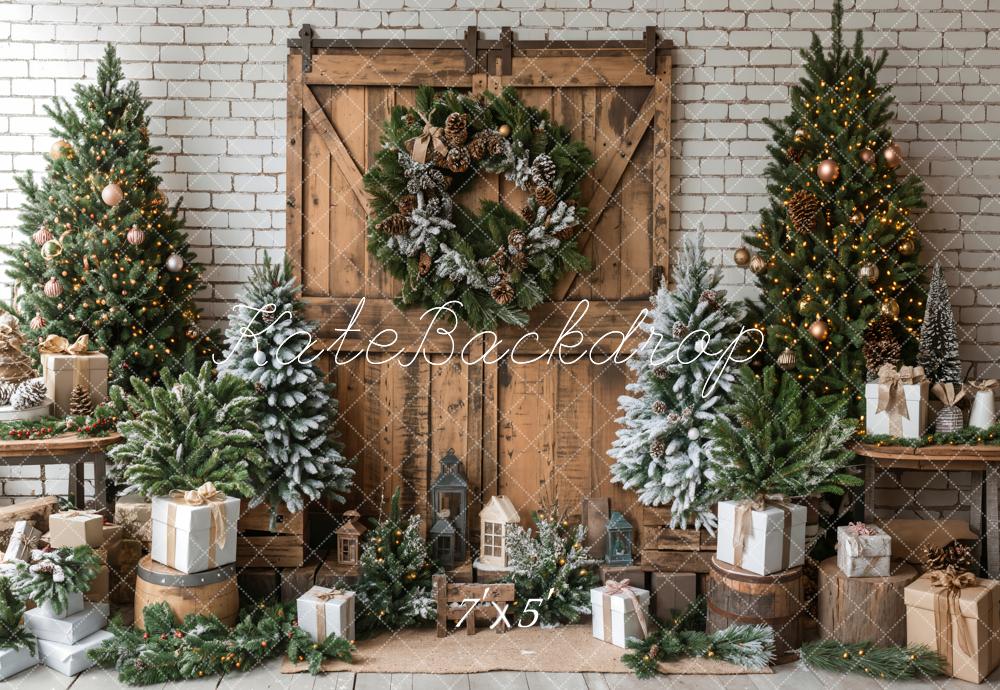 Kate Christmas Trees Brown Wooden Barn Door Backdrop Designed by Emetselch - Image 2