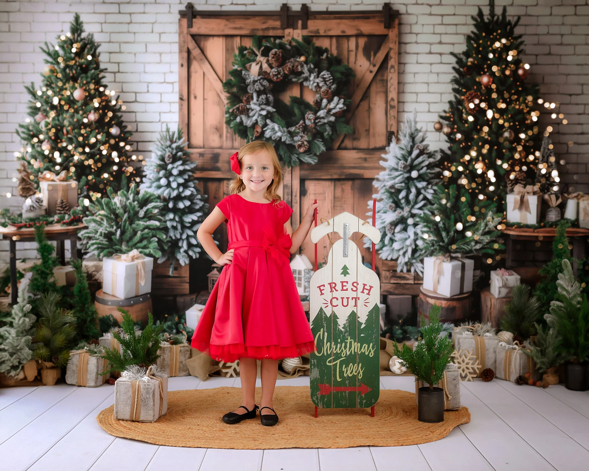 Kate Christmas Trees Brown Wooden Barn Door Backdrop Designed by Emetselch - Image 4