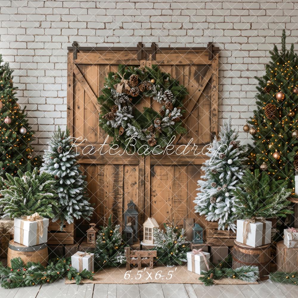 Kate Christmas Trees Brown Wooden Barn Door Backdrop Designed by Emetselch - Image 7
