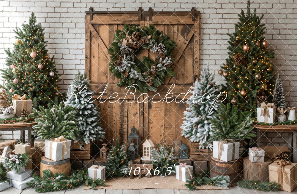 Kate Christmas Trees Brown Wooden Barn Door Backdrop Designed by Emetselch - Image 9
