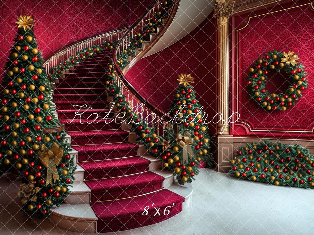 Kate Christmas Trees Cascading Stairs Red Backdrop Designed by Mini MakeBelieve - Image 3