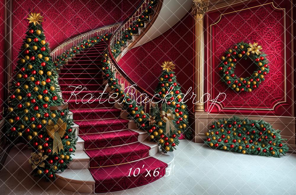 Kate Christmas Trees Cascading Stairs Red Backdrop Designed by Mini MakeBelieve - Image 4