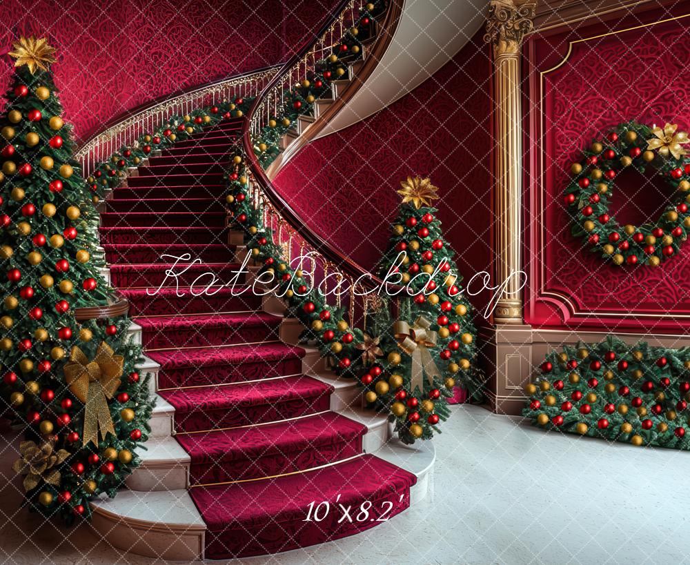 Kate Christmas Trees Cascading Stairs Red Backdrop Designed by Mini MakeBelieve - Image 6