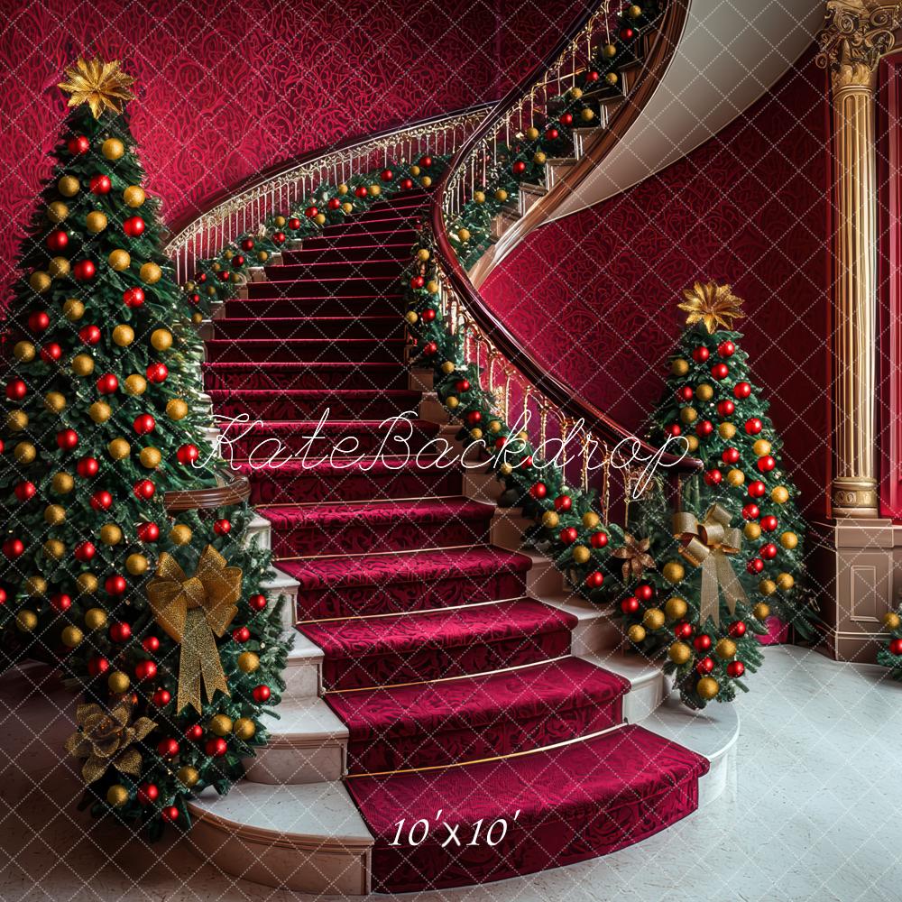 Kate Christmas Trees Cascading Stairs Red Backdrop Designed by Mini MakeBelieve - Image 7