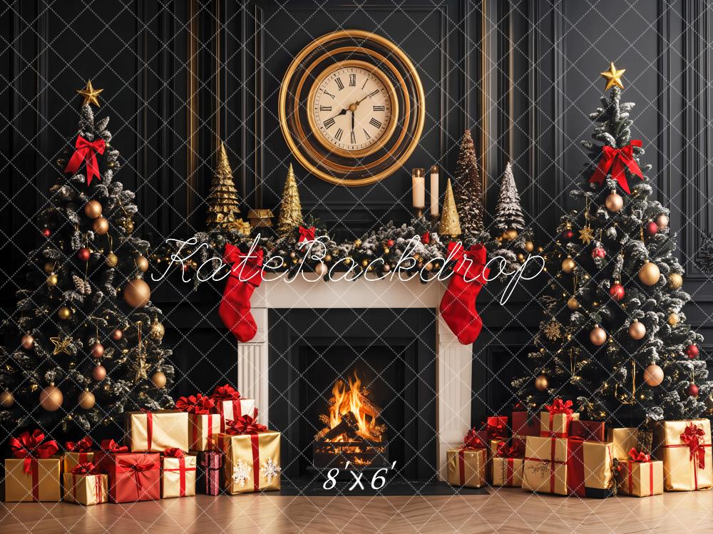 Kate Christmas Trees Fireplace Clock Retro Wall Fleece Backdrop Designed by Emetselch - Image 2