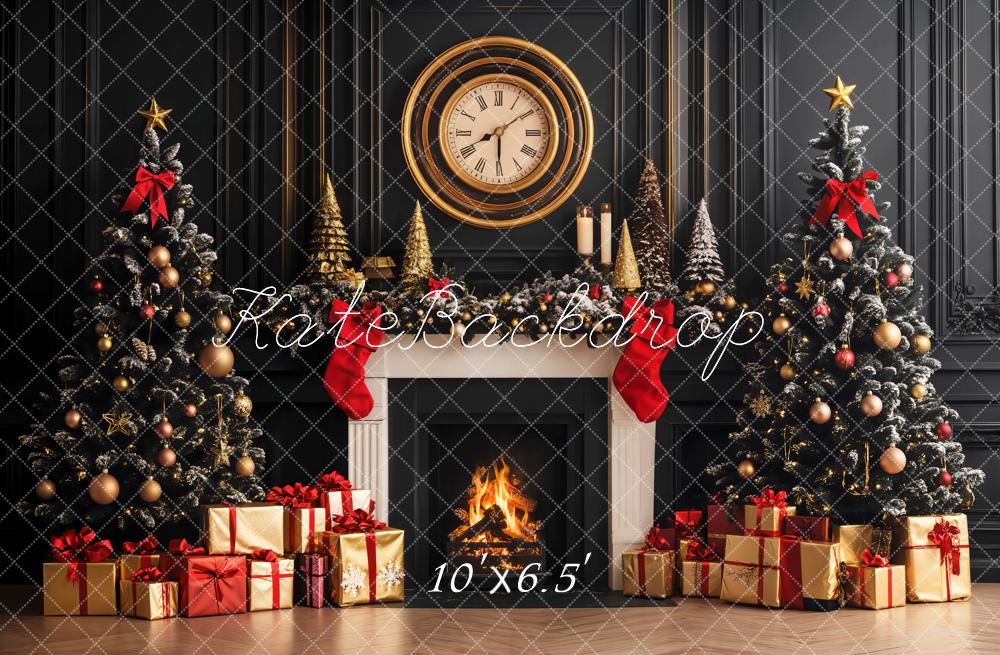 Kate Christmas Trees Fireplace Clock Retro Wall Fleece Backdrop Designed by Emetselch - Image 4