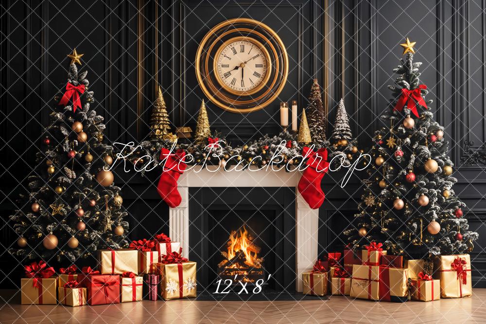 Kate Christmas Trees Fireplace Clock Retro Wall Fleece Backdrop Designed by Emetselch - Image 5