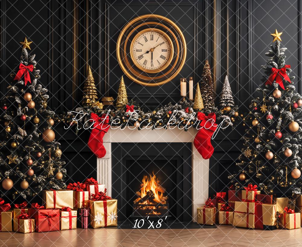 Kate Christmas Trees Fireplace Clock Retro Wall Fleece Backdrop Designed by Emetselch - Image 6