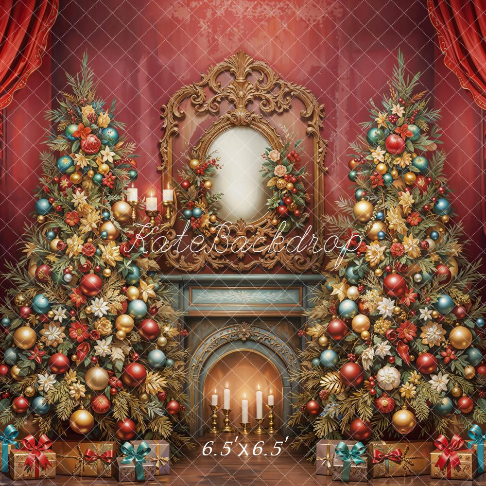 Kate Christmas Trees Fireplace Gifts Red Curtains Backdrop Designed by Emetselch - Image 2