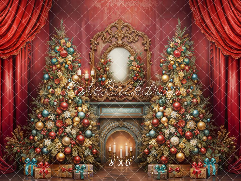 Kate Christmas Trees Fireplace Gifts Red Curtains Backdrop Designed by Emetselch - Image 3